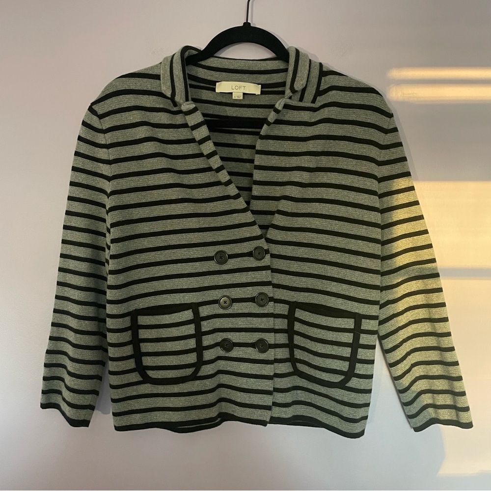 Loft Knit Cropped Blazer Gray & Black Striped Double Breasted size Medium